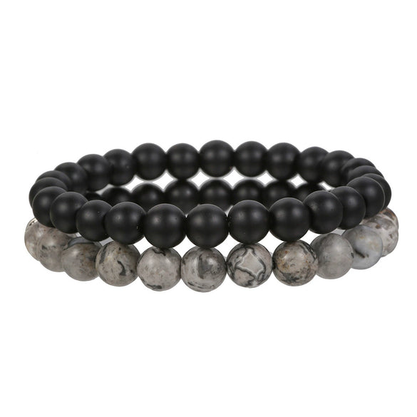 Bracelet Set Black Frosted Map Wood Beads Black Iron Stone Geometric Handmade