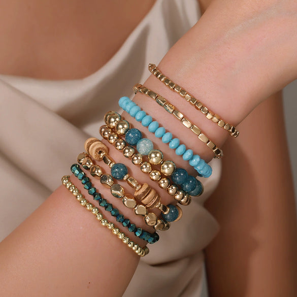 Bracelet Set Bohemian Style Coconut Shell Crystal Wooden Beads Stone Handmade Geometric