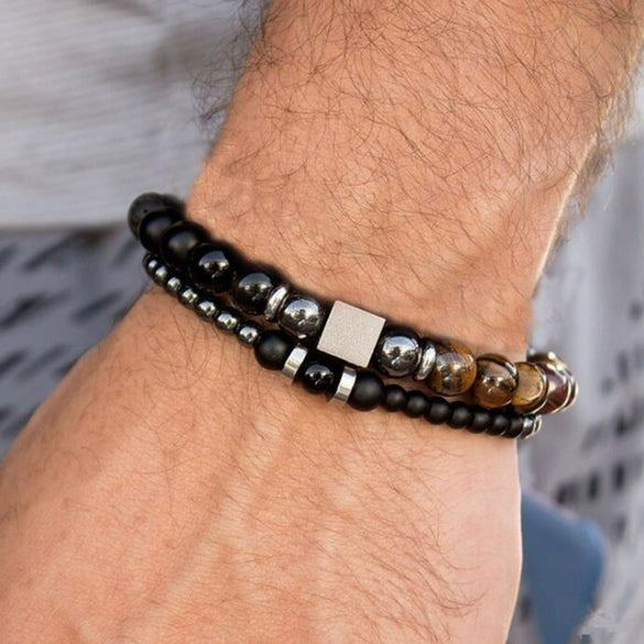 Bracelet Set Crystal Black Frosted Tiger's Eye Iron Stone Cube Unisex Round Style