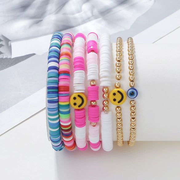 Bracelet Set Multilayer Stretch Line Flat Beads Geometric Smiley Women's Retro Bohemian Style