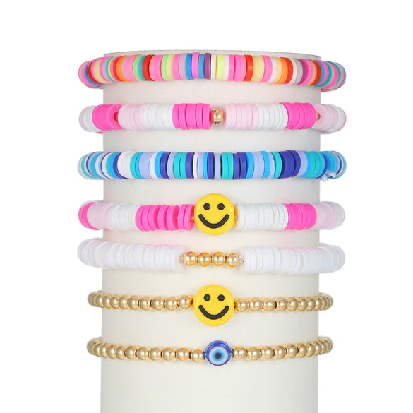 Bracelet Set Multilayer Stretch Line Flat Beads Geometric Smiley Women's Retro Bohemian Style