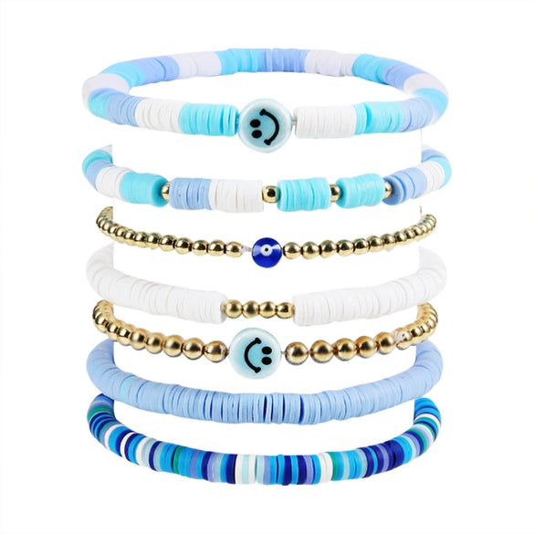 Bracelet Set Multilayer Stretch Line Flat Beads Geometric Smiley Women's Retro Bohemian Style