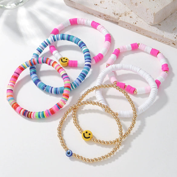 Bracelet Set Multilayer Stretch Line Flat Beads Geometric Smiley Women's Retro Bohemian Style