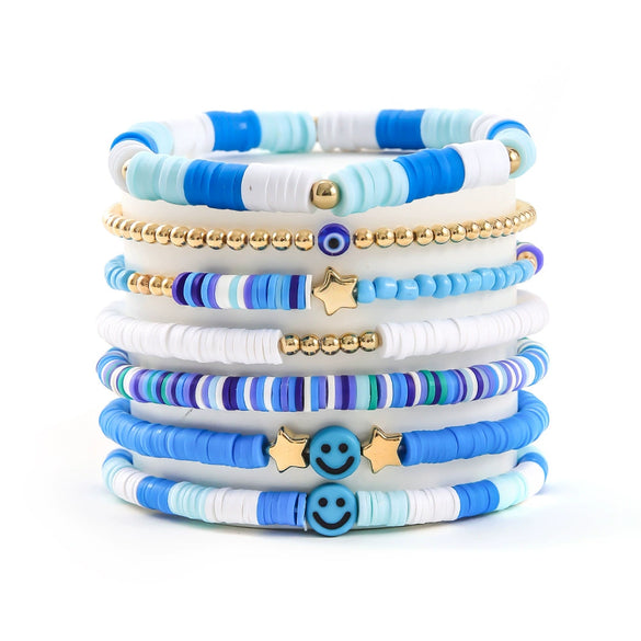 Bracelet Set Multilayer Stretch Line Flat Beads Geometric Smiley Women's Retro Bohemian Style