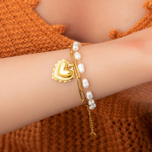 Bracelet Stainless Steel Electroplated 18K Gold Marine Style Heart Shape