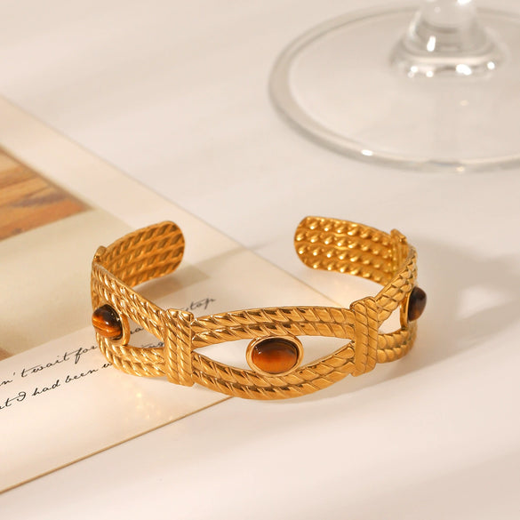 Bracelet Stainless Steel French Palace Style Woven Texture Set With Gemstones Retro Minimalist Women's