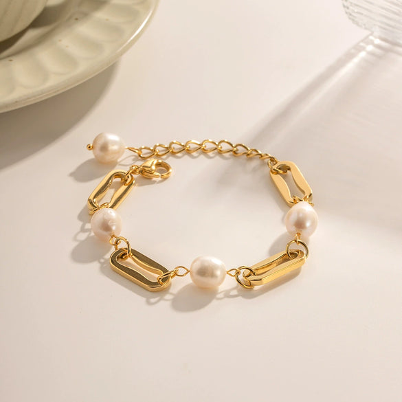 Bracelet Stainless Steel Geometric Electroplated Freshwater Pearl For Women