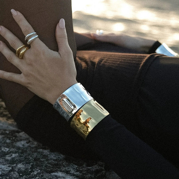 Bracelet Stainless Steel Geometric Hammer Pattern Exaggerated Wide Version Electroplated