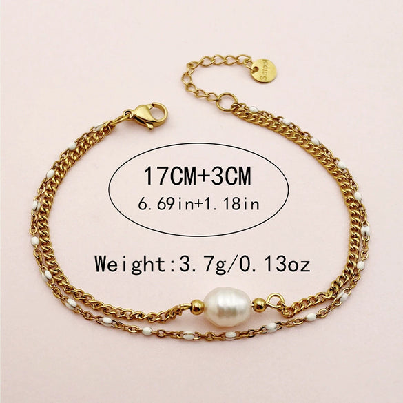 Bracelet Stainless Steel Geometric Natural Stone Pearl Oil Dripping Doublelayer Electroplated Jewelry