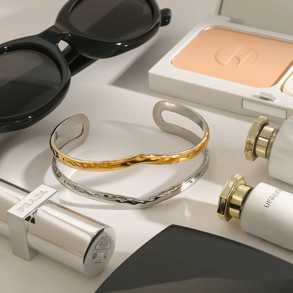Bracelet Stainless Steel Gold And Silver Color Matching Hammer Lines Double Hollow Open Geometric Electroplated