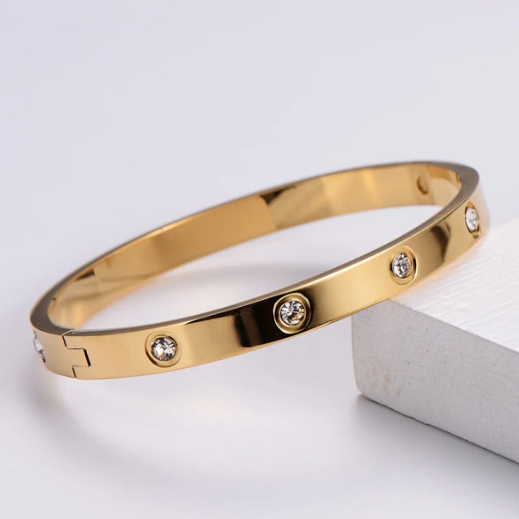 Classic Style Round Stainless Steel Plating Rhinestones Bangle