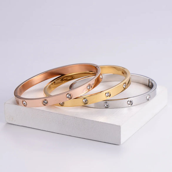 Classic Style Round Stainless Steel Plating Rhinestones Bangle