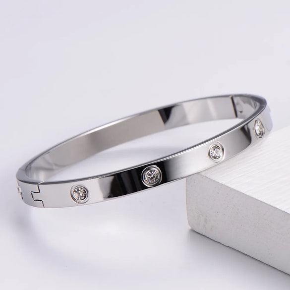 Classic Style Round Stainless Steel Plating Rhinestones Bangle