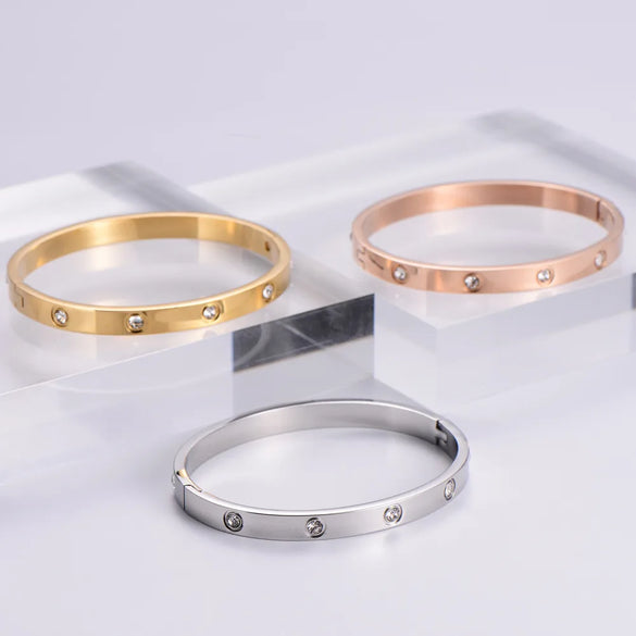Classic Style Round Stainless Steel Plating Rhinestones Bangle