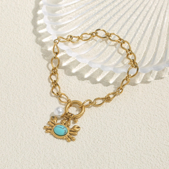 Bracelet Stainless Steel Golden Crab Pearl Turquoise Embellished Electroplated Jewelry