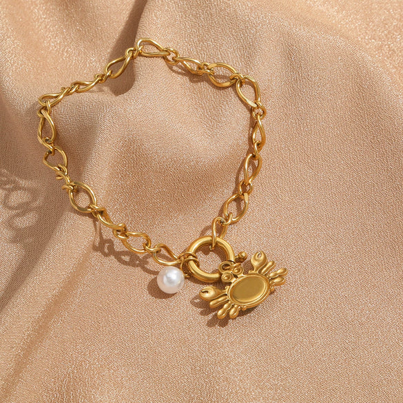 Bracelet Stainless Steel Golden Crab Pearl Turquoise Embellished Electroplated Jewelry