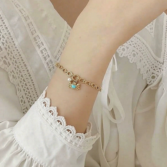 Bracelet Stainless Steel Golden Crab Pearl Turquoise Embellished Electroplated Jewelry