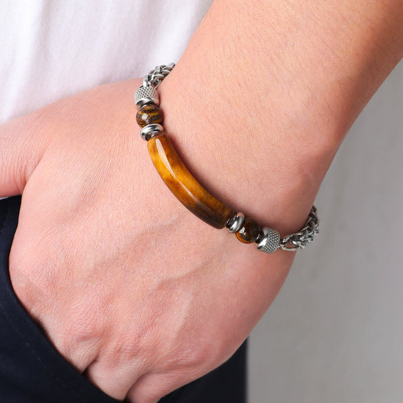 Bracelet Stainless Steel Hiphop Geometric Electroplating Tiger Eye Stone