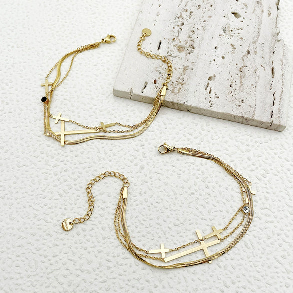 Bracelet Stainless Steel Inlaid Zircon Geometric Leaf Cross Multilayer Electroplated French Retro Minimalist