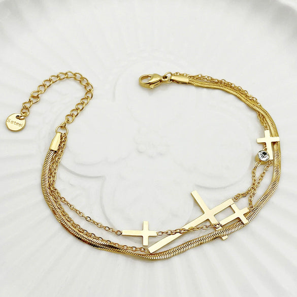 Bracelet Stainless Steel Inlaid Zircon Geometric Leaf Cross Multilayer Electroplated French Retro Minimalist