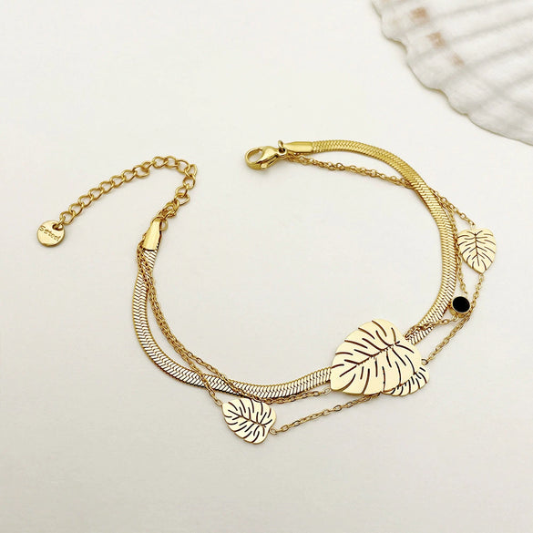 Bracelet Stainless Steel Inlaid Zircon Geometric Leaf Cross Multilayer Electroplated French Retro Minimalist