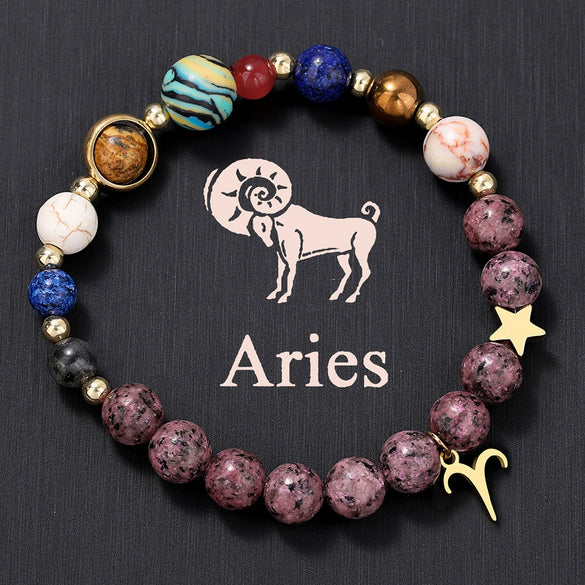 Bracelet Stainless Steel Natural Stone Granite Beaded Handmade Geometric Eight Planets 12 Constellations Unisex Women