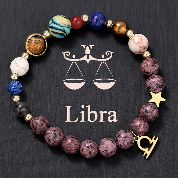 Bracelet Stainless Steel Natural Stone Granite Beaded Handmade Geometric Eight Planets 12 Constellations Unisex Women