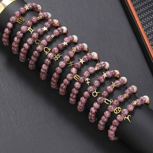 Bracelet Stainless Steel Natural Stone Granite Beaded Handmade Geometric Eight Planets 12 Constellations Unisex Women