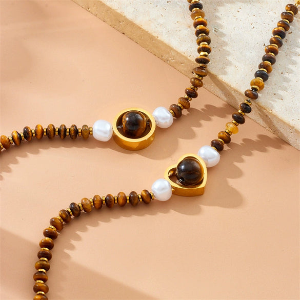 Bracelet Stainless Steel Oval Tiger Eye Maillard Style Handmade Woven Beaded Love Gem Pendant Chain Stitching