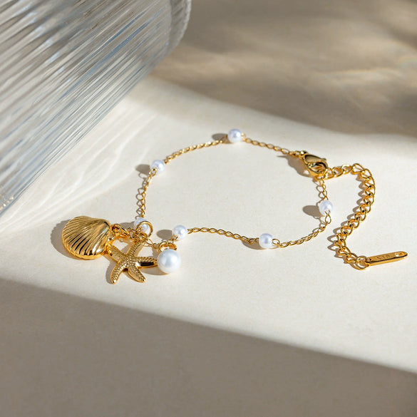 Bracelet Stainless Steel Pearl Chain With Shell Pendant Geometric Style Electroplated