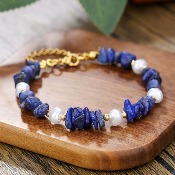 Bracelet Stainless Steel Pearl Lapis Lazuli Handmade Geometric Style