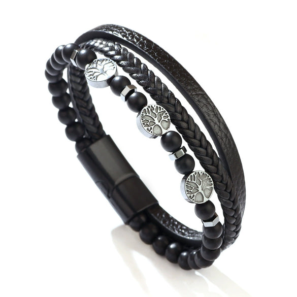 Bracelet Tiger Eye Woven Leather Rope Life Tree Metal Accessories Magnetic Buckle Handmade Geometric Style