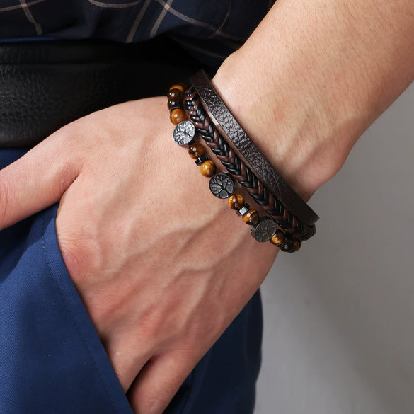 Bracelet Tiger Eye Woven Leather Rope Life Tree Metal Accessories Magnetic Buckle Handmade Geometric Style