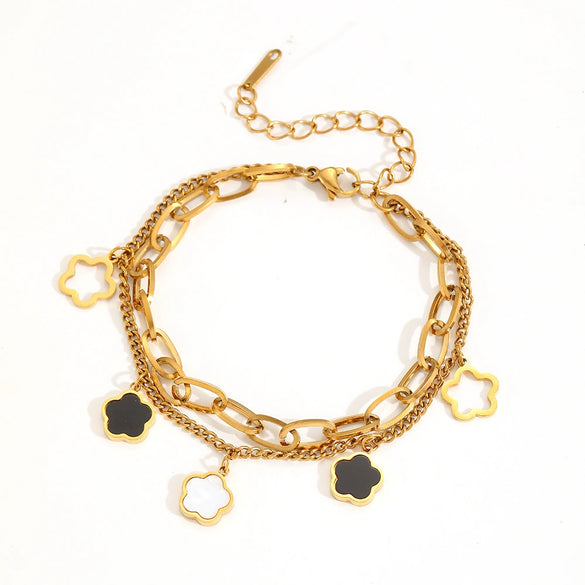 Bracelet Titanium Steel Black Shell Heart Hollow Five Leaf Flower Electroplating Cartoon Women's Jewelry