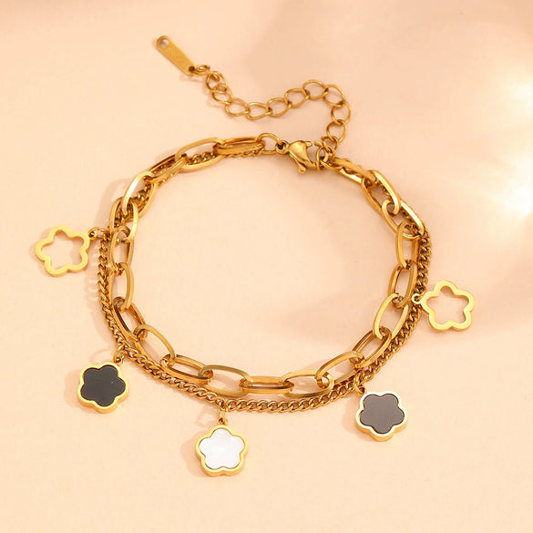 Bracelet Titanium Steel Black Shell Heart Hollow Five Leaf Flower Electroplating Cartoon Women's Jewelry