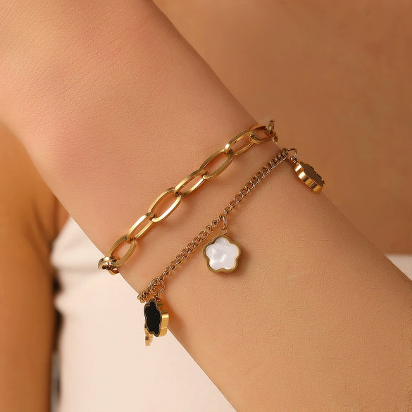 Bracelet Titanium Steel Black Shell Heart Hollow Five Leaf Flower Electroplating Cartoon Women's Jewelry