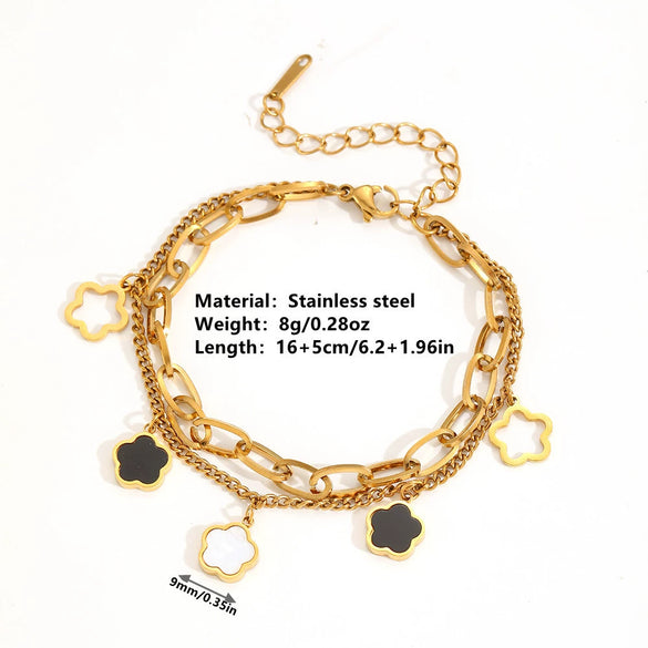 Bracelet Titanium Steel Black Shell Heart Hollow Five Leaf Flower Electroplating Cartoon Women's Jewelry