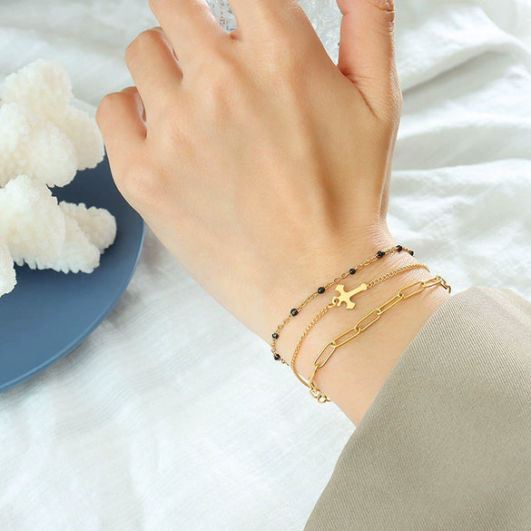 Bracelet 316L Stainless Steel Geometric Threelayer Stacked Cross Electroplating Jewelry For Women