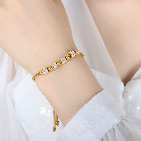 Bracelet Titanium Steel Gold Plated Geometric Round Beads Pull Buckle Diamond Embedded Unisex