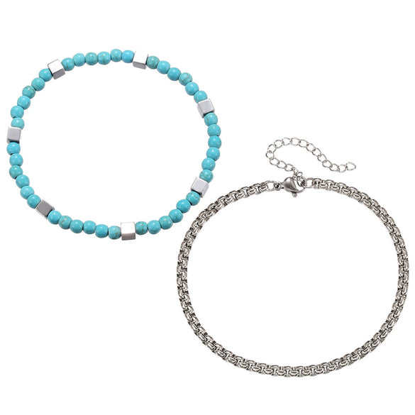 Bracelet Turquoise Black Gallstone Chain Round Handmade Fashion Bohemian Style Unisex
