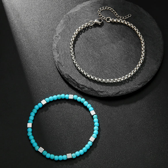 Bracelet Turquoise Black Gallstone Chain Round Handmade Fashion Bohemian Style Unisex