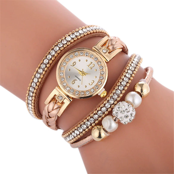 Bracelet Watch Diamond Woven Imitation Leather Strap Stainless Steel Buckle Alloy Case Round Dial Leisure Style