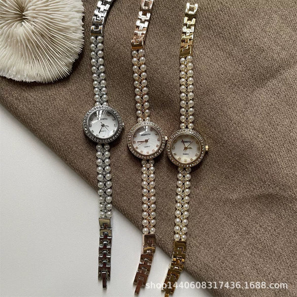 Bracelet Watch Natural Pearl Metal Ordinary Glass Mirror Antique Style Round For Women