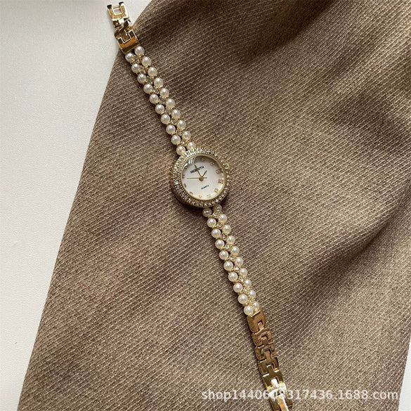 Bracelet Watch Natural Pearl Metal Ordinary Glass Mirror Antique Style Round For Women