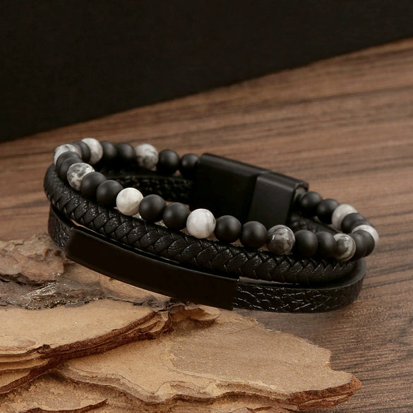Bracelets Alloy Natural Stone Leather Handwoven Geometric Stainless Steel Magnet Buckle Electroplating Jewelry For Men And Women