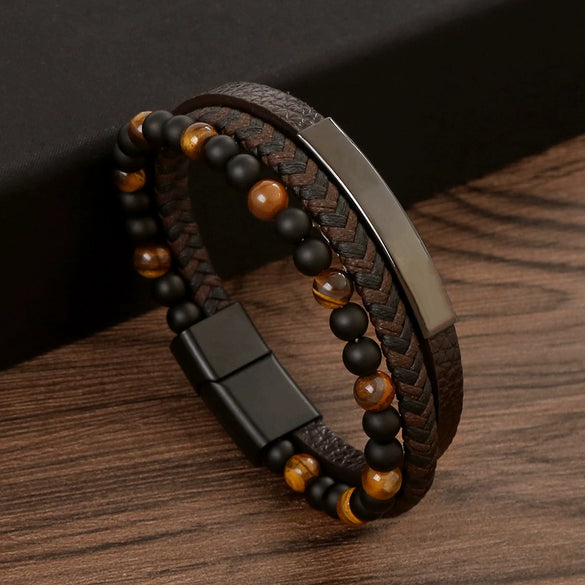 Bracelets Alloy Natural Stone Leather Handwoven Geometric Stainless Steel Magnet Buckle Electroplating Jewelry For Men And Women