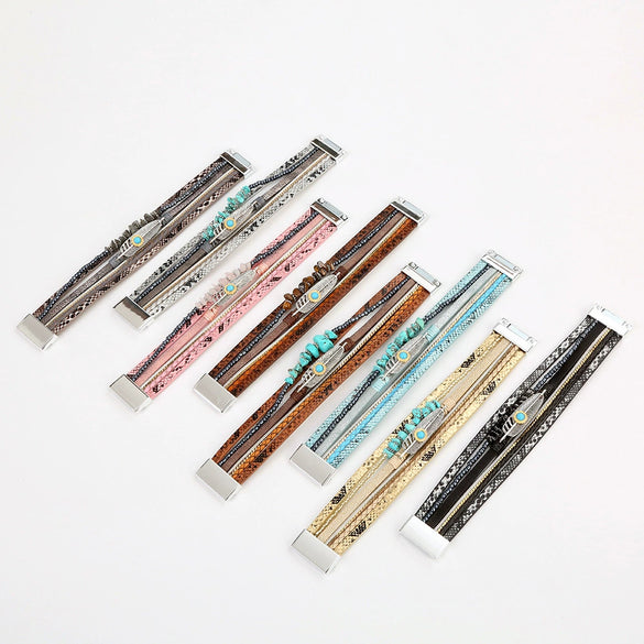 Bracelets Leather Crystal Feather Braided Geometric Electroplated For Women And Men