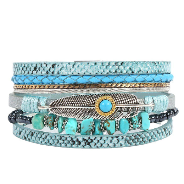 Bracelets Leather Crystal Feather Braided Geometric Electroplated For Women And Men