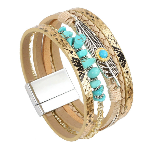 Bracelets Leather Crystal Feather Braided Geometric Electroplated For Women And Men