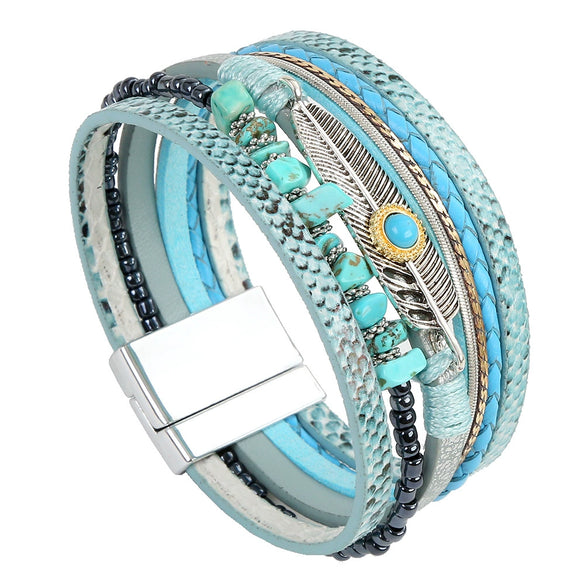 Bracelets Leather Crystal Feather Braided Geometric Electroplated For Women And Men